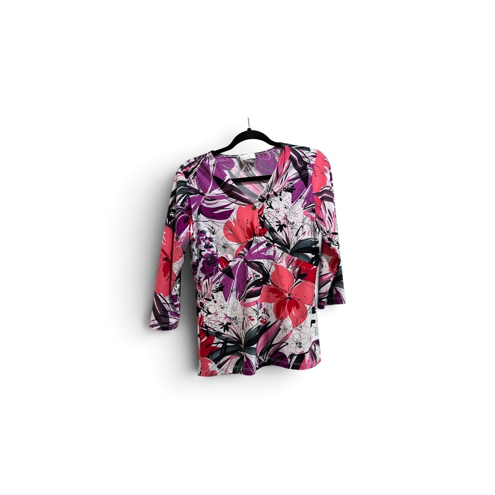 Caribe USA Floral V-Neck 3/4 Sleeve Top Pink Purple Tropical Blouse Large